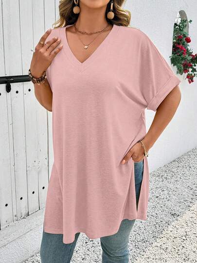 EMERY ROSE Plus Size Solid V-Neck Casual Versatile Short Sleeve T-Shirt With Side Slits
