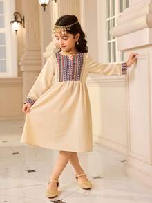 1pc Young Girl Embroidered A-Line Dress, Colorful Embroidered Pattern With Childlike Charm, Suitable For Holidays, Birthday Parties, Banquets - Beige - View 3