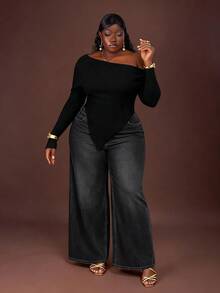 CurvyTilda Plus Size Solid Color Patch Pocket Casual Versatile Loose Wide Leg Baggy Jeans, Low Rise Baggy Jeans, Y2k Jeans, Winter, For Hourglass Body Shape - Black - View 4