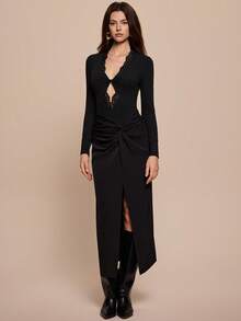 Leighera Elegant Sexy Twist Lace Trim Bodysuit, Suitable For Commuting, Autumn - Black - View 6