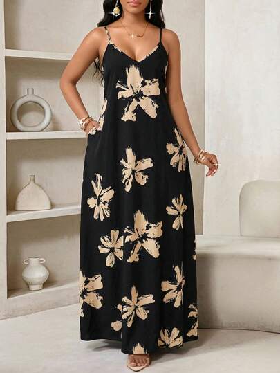 SHEIN Lady Vestido casual suelto con estampado floral sin mangas, para verano