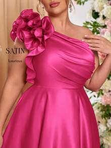 Lovelzi Plus Size Women's Elegant Romantic Red Satin One-Shoulder Pleated Exaggerated 3D Floral A-Line Midi Dress, Suitable For Formal Balls, Galas, And Parties - Hot Pink - View 9