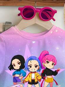 SHEIN 年轻女孩休闲时尚彩色韩流女团字母星星印花圆领短袖T恤和喇叭裤套装，适合节日、派对、日常穿着、演唱会等场合。 - 彩色 - 查看 5