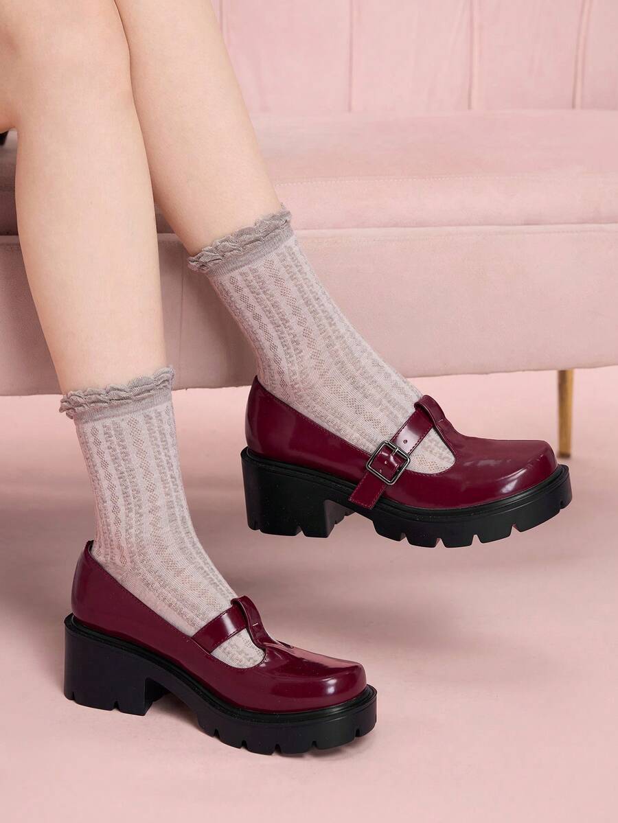 CUCCOO DOLLMOD Damen Schnallen Design Lässig Plateau Keilabsatz Schuhe - Bordeaux - Übersicht 1