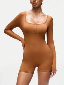 SHAPORA Women's Solid Color Minimalist Long Sleeve Jumpsuit, Casual Loungewear - Rust Brown - View 3