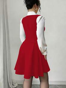 Elenzga Plus Size Women French Casual Elegant Patchwork Long Sleeve Dress, Autumn/Winter Preppy Dress Red Long Sleeve Dress Red Casual Dress French Style Dress Red And White Dress Women - Red - View 2