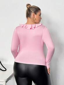 Truni Plus Size Women's Fitted Long Sleeve T-Shirt With Ruffle Collar Detail/Autumn /Winter - Pink - View 2