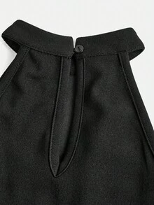 SHEIN Young Girl Casual And Elegant Solid Black Stand-Up Collar Sleeveless Waist A-Line Dress, Suitable For New Year, Valentine's Day, Birthday Party Dresses,Young Girl's Black Dress,Sisters Outfit, Little Girl Black Dress, Halter Dress For Girl - Black - View 6