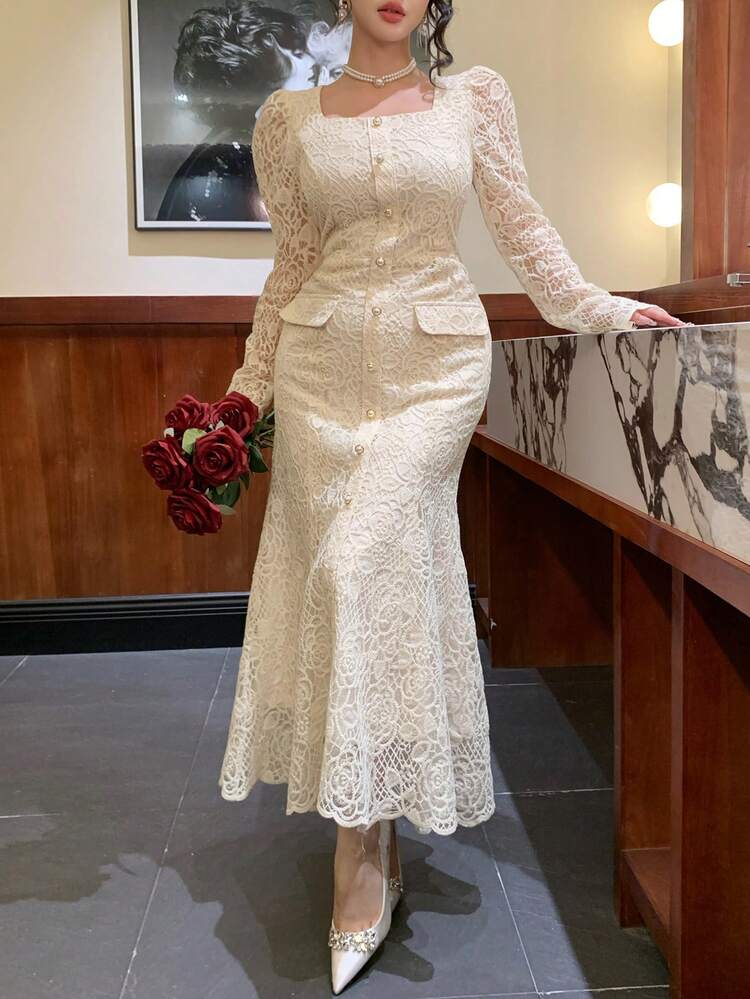 Women's Square Neck Long Sleeve Lace Fabric Fitted Midi Dress, Elegant Sundress