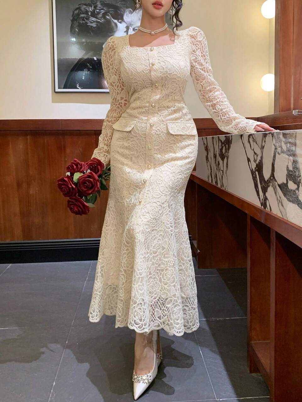 Women's Square Neck Long Sleeve Lace Fabric Fitted Midi Dress, Elegant Sundress