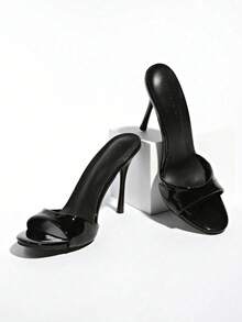 Zapatos de tacón alto con punta fina y muestra de dedos, de estilo moderno en rojo, piel barnizada, estilo retro, mujer, verano, Sandalias de tacón para mujer - Negro - Ver 7