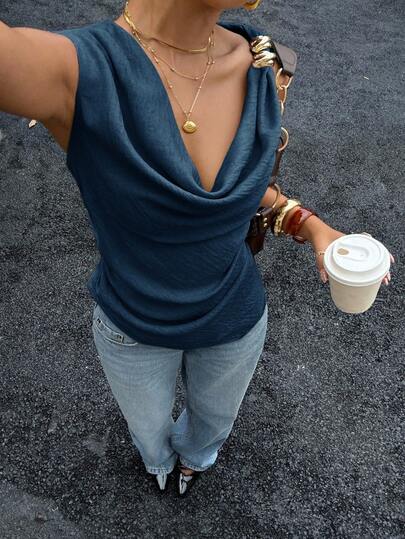 Siren Gaze Women's Asymmetric Neck Draped Ruched Waist Blouse, Sexy Elegant Office Lady Top, Featuring Metal Button Decor On Shoulder, Fashionable, Commuting, Elegant, Sexy, Holiday, Beach, Hawaii, Draped Neck, Outerwear Draped Top Dark Blue Top Navy Blue Tank Top V Neck Tank Top