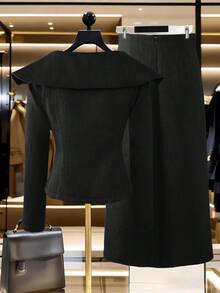 SHEIN Franclia 两件套，单肩领，修身剪裁；不对称侧开衩，金属扣装饰，秋冬款 - 黑色 - 查看 2