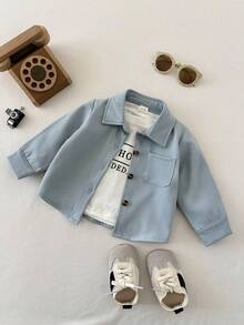 SHEIN 3pcs/Set Baby Boys' Casual Versatile Turndown Collar Front Button Chest Pocket Long Sleeve Tops