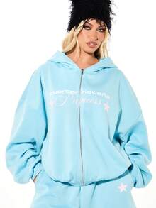 SUMWON WOMEN Áo hoodie dáng rộng màu xanh dương có khóa kéo, in hình công chúa Puerto Rico và điểm nhấn ngôi sao, tạo phong cách đường phố thường ngày. - Màu xanh lam - Xem 1