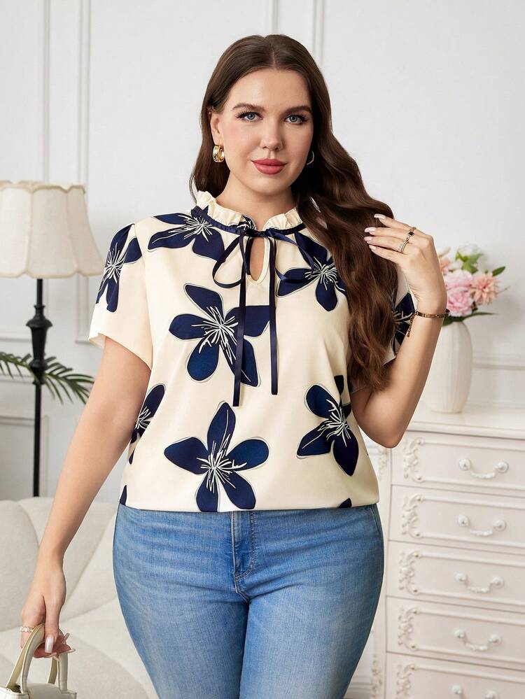 SHEIN Clasi Plus Size Women Floral Print Ruffle Tie Neck Casual Blouse With Puff Sleeves,Beige Summer Elegant Office Work Top,Everyday Birthday Blouses - Multicolor - View 5