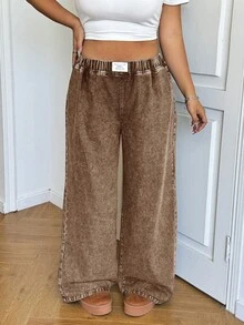 Muchica Plus Size Loose Fit Elastic Waist Wide Leg Jeans - Brown - View 5