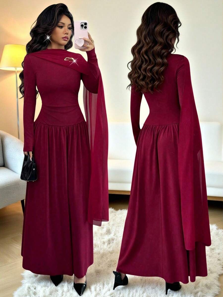 Rafferiza Damen gestricktes, eng anliegendes Kleid mit elastischem Bund und A-Linie in Weinrot und Lila, Chiffon-Schleifendesign, Metalldesign, Herbst- und Winterbekleidung, Outdoor Outfit, modisch und elegant, geeignet für den täglichen Gebrauch, Hochzeiten, Bankette, tägliche Fahrten, Abschlussfeiern, Festivalveranstaltungen, Urlaub - Bordeaux - Übersicht 1