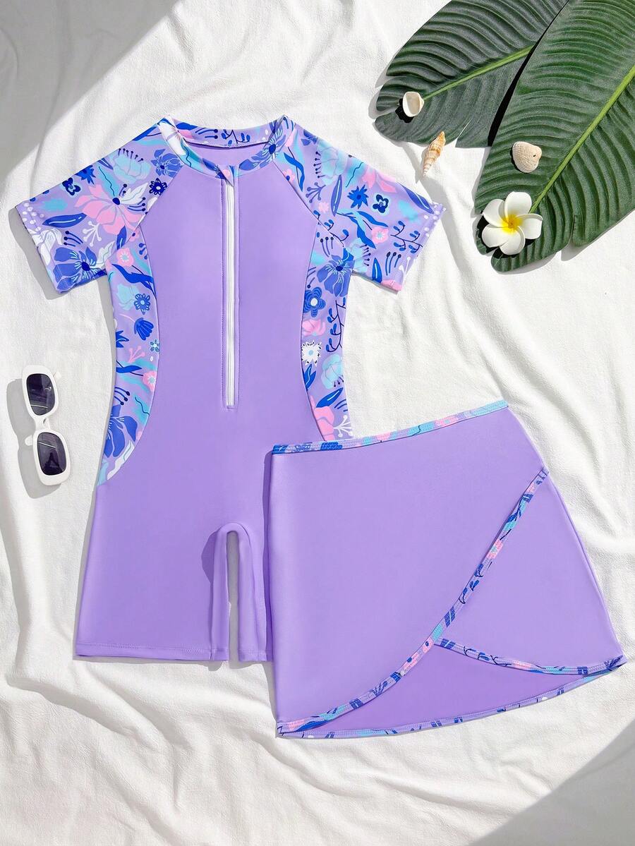 SHEIN Tween Girls 1-Piece Swimsuit With Zipper Front,Floral Print Short Sleeve,Modest Rash Guard Set,Purple Summer Casual Beach Holiday Vacation Holiday - Purple - View 1