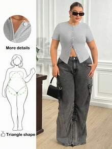 Truni Fall Clothes For Women,WinterPlus Size Solid Color Minimalist Casual Round Neck Short Sleeve T-Shirt - Grey - View 1
