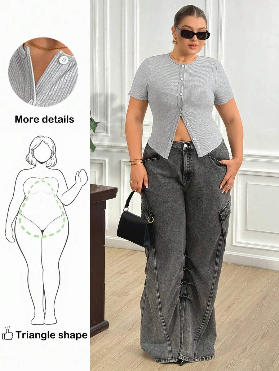 Truni Fall Clothes For Women,WinterPlus Size Solid Color Minimalist Casual Round Neck Short Sleeve T-Shirt - Grey - View 1