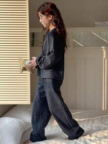 DAZY بيجامة فضفاضة بأكمام فانوس مربعة للفتيات المراهقات، ملابس خريفية للفتيات المراهقات - أزرق بحري - مشاهدة 2