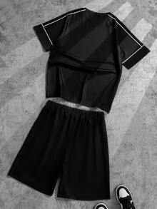 Casual Striped Print T-Shirt Set For Teenage Boys, Suitable For Daily Commute, Sports, And School Wear - Black - View 2