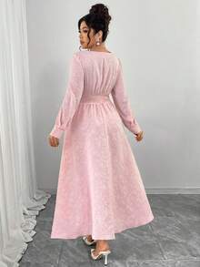 Elenzga Vestido Vermelho de Manga Longa Estilo A-Line para Mulheres Plus Size, Elegante Decote Quadrado com Busto Plissado 3D, Cintura Marcada, Mangas Bufantes, Namorada Sofisticada e Romântica, Festa do Dia dos Namorados, Ano Novo, Vestido Longo Rosa Plus Size