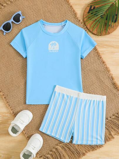 Young BoyBlue Striped Print Short Sleeve Swimsuit Set, Casual Beach Wear Boys Blue Short Set Boy Beach Set 2 Piece Boy Summer Set Toddler Boy Beach Set Boy Swim Trunks Set Shirt Boys Beach Set