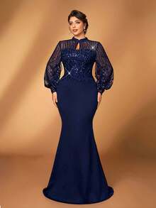 Serin فستان أنيق رومانسي بياقة دمعة زرقاء وأكمام منتفخة، مصنوع من قماش محبك مرصع بالترتر والتطريز على الخصر، بتنورة مذيلة بذيل سمكة الحورية، مناسب للزفاف والحفلات والاحتفالات وفستان أم العروس وعيد الحب - أزرق بحري - مشاهدة 5