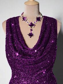 Viva Relle 大码女式无袖垂褶领亮片连衣裙，优雅适合节日派对穿着，绿色圣诞亮片长款女装 - 紫色 - 查看 5