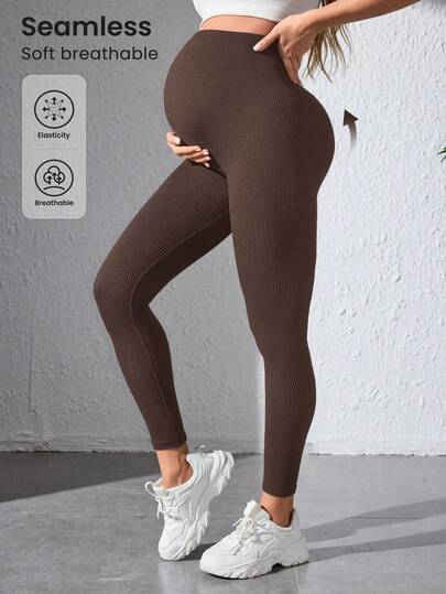 SHEIN Maternity High Waist Seamless Leggings, Coffee Color