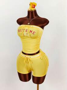 Amplova Women's Slogan Print Yellow Bandeau Top And Low Waist Mini Shorts Set - Multicolor - View 2