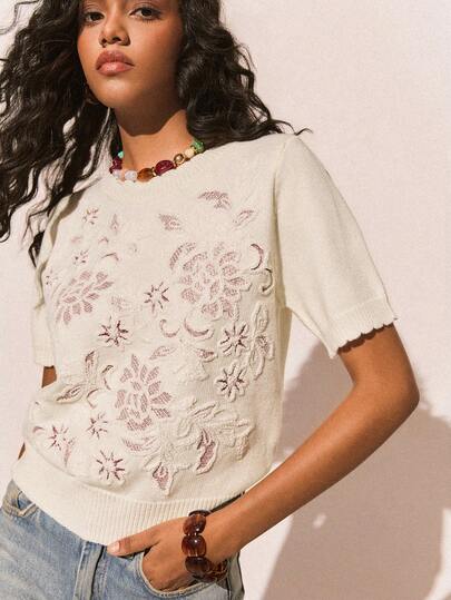 Poéselle Women's Casual Floral Print Round Neck Short Sleeve Knit Top,Elegant Embroidered Knit Short Sleeve Sweater For Women, Aesthetic Lightweight Flower Pullover Top, Cute Summer Vintage Style Blouse,Exuding A Girlish Charm And French Elegance.French-Style Top