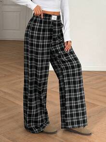 Aidyla 女士格子图案拉绒弹力腰休闲宽松裤，秋季款 - 黑色 - 查看 6