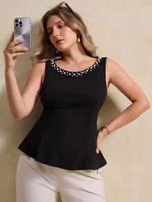 Elegantrix Plus Size Women's Spring/Summer Bubble Bead Decor Waist Ruffle Hem Elegant Blouse - Black - View 5