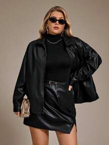 Auralis Plus Size Black,Autumn,Smart Casual,Night Out Club PU 2 Pieces Set,Personalized Zippered Long-Sleeved Jacket Coat & Side Slit A-Line Skirt,Y2K Outfit - Black - View 2