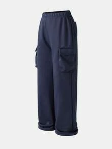 SHEIN Tween Girls' Casual Knitted Patch Pocket Overalls Style Sweatpants, Autumn/Winter - Navy Blue - View 7