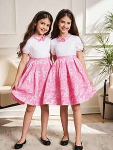 SHEIN Vestido de niña con parches florales dulces, atuendo para fiestas y reuniones de primavera/verano, elementos florales que presentan un ambiente alegre y adecuado para festivales y eventos familiares - Rosa - Ver 9