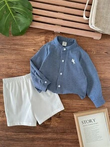 2 Pieces Babyboy Cute Summer Casual Versatile Simple Urban Long-Sleeve Stand Collar Shirt And Shorts Set Suitable For Birthday Parties, Galas, Performances, Weddings, Full Moon Celebrations, Baptisms, And First Birthday Celebrations/Baby Showers Baby Casual Sets Dusty Blue Outfit For Toddlers Boys Blue Vintage Baby Boy Outfit Toddler Boy Linen Set Baby Boy Button Down Shirt And Shorts - Blue - View 6