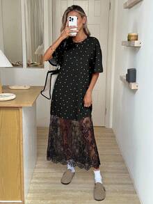 Easowa 波点印花圆领宽松休闲T恤和蕾丝连衣裙，时尚百搭，适合春季外出和通勤，休闲百搭。 - 彩色 - 查看 6