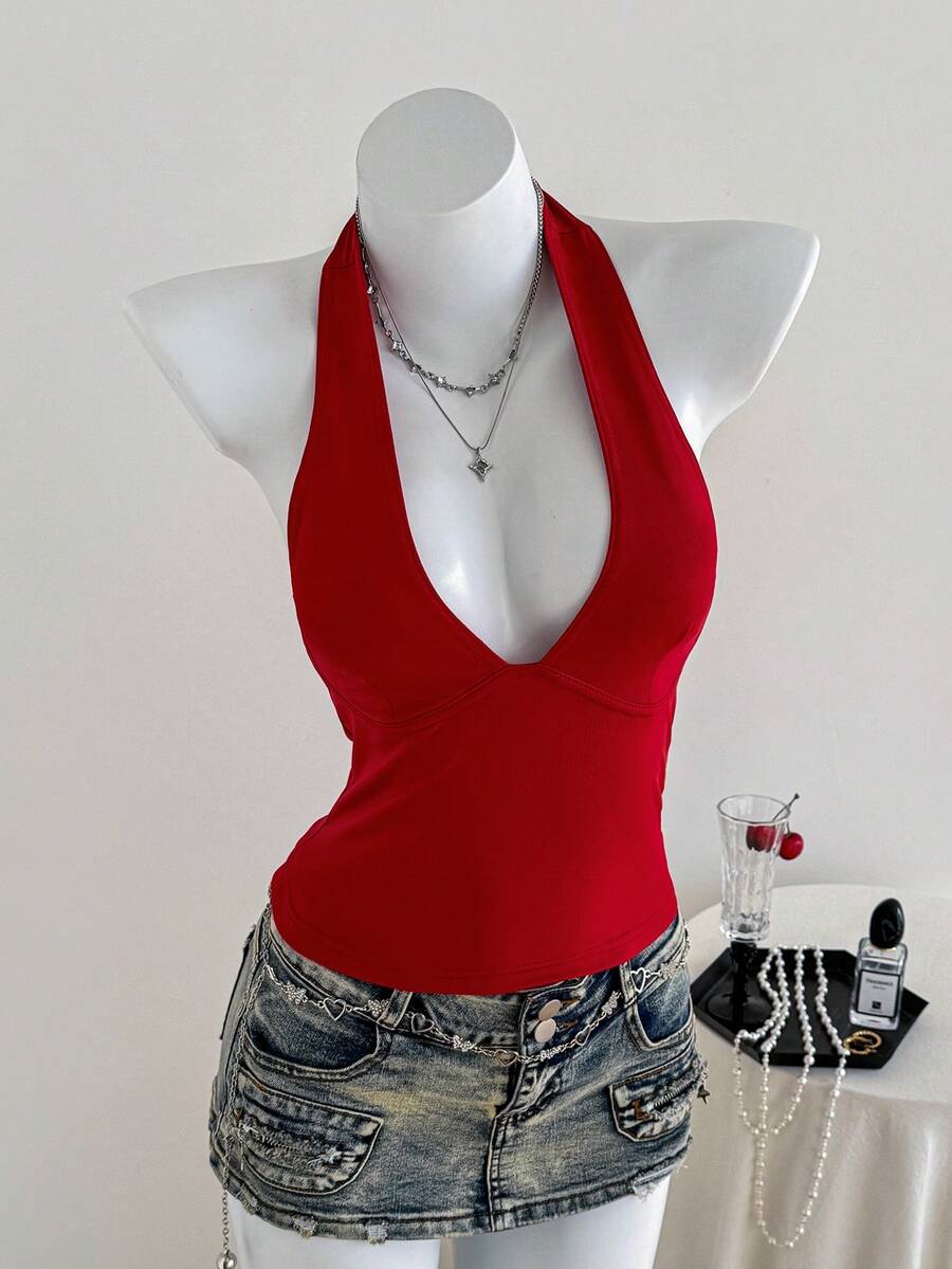 SHEIN EZwear V-Neck Solid Color Backless Vacation Tank Top For Women, Can Be Worn As A Neck Hanging - Red - View 1
