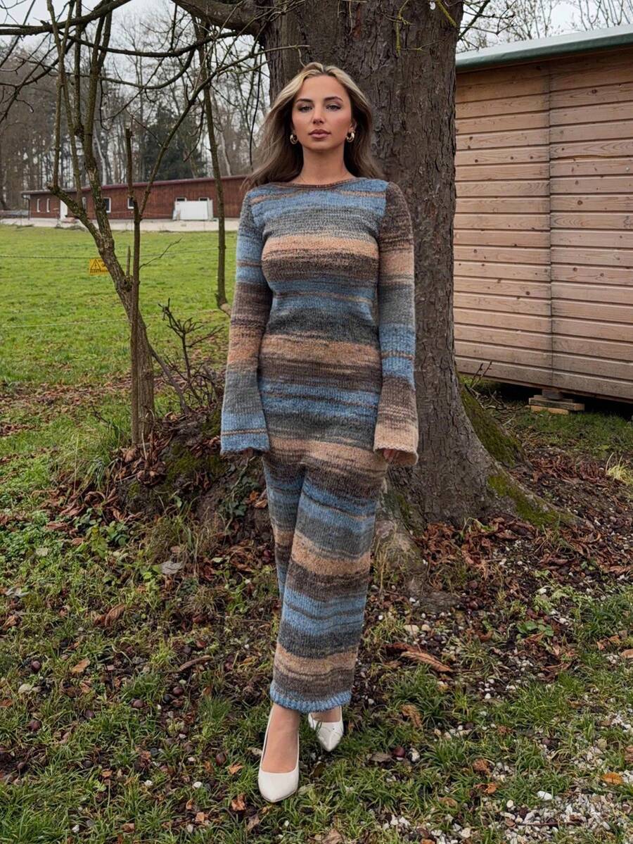 Jeta Ari Women's New Autumn And Winter Versatile Retro Striped Knitted Tight Dress, Sexy Backless Long Sleeve Slim Long Knitted Dress, Long Sleeve Party Dress, Wedding Guest Dress, Retro Autumn And Winter Base Knitted Dress, Daily Date Dress,Cozy Fall And Winter Clothes For Women