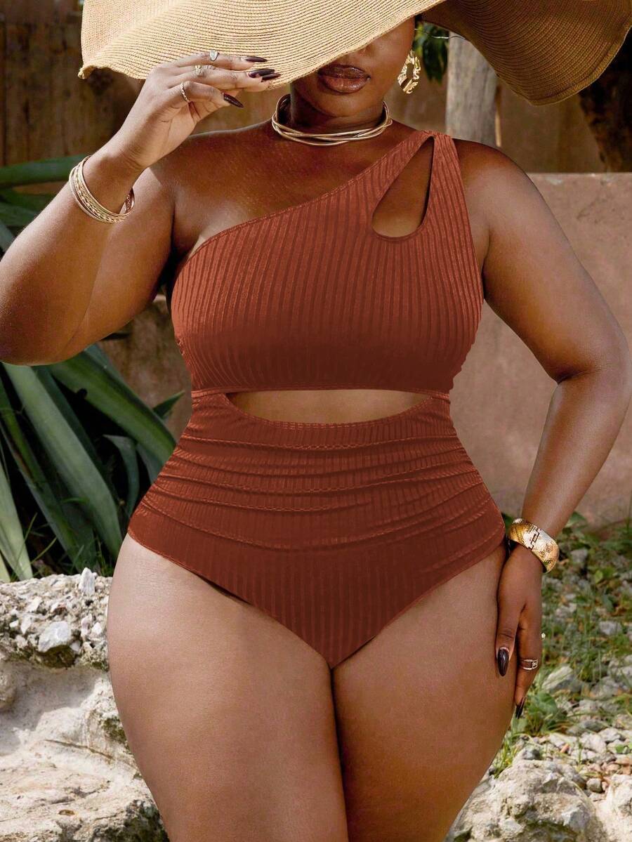 Slaydiva Plus Size Women Black Ribbed Cutout Ruched One-Piece Swimsuit, Casual Vacation - Brown - View 1