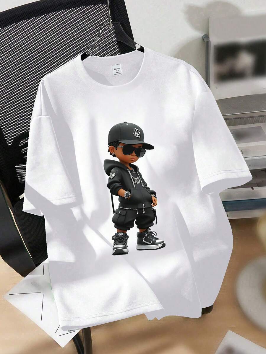 SHEIN 青少年男孩图案印花圆领短袖 T 恤 - 白色 - 查看 1