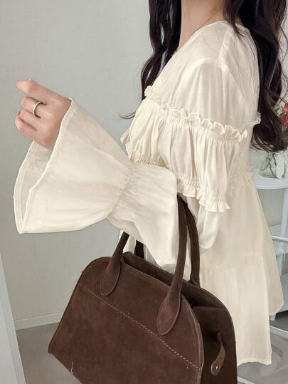 FRIFUL Women's V-Neck Cardigan With Bow Tie Decor, Loose Fit Ruffle Trim Patchwork Flare Sleeve Blouse Spring