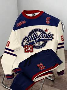 Manfinity Joysei 加州复古宽松圆领卫衣和运动裤套装，加州+23号校园图案印花，男女通用休闲圆领卫衣和运动裤套装 - 彩色 - 查看 1