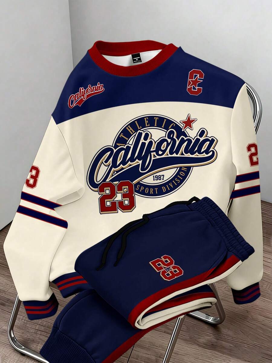 Manfinity Joysei 加州复古宽松圆领卫衣和运动裤套装，加州+23号校园图案印花，男女通用休闲圆领卫衣和运动裤套装 - 彩色 - 查看 1