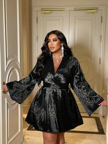 NU&NOW Plus Size Sexy Leopard Print Deep V-Neck Long Sleeve Dress, Black - Black - View 4