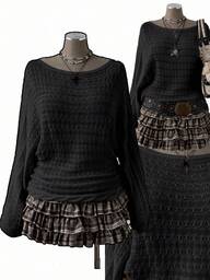 Sunspun Plus Size Women's Bohemian/Y2K Style Hollow Out Solid Color Flare Sleeve Long Sleeve Knit Pullover Sweater, Suitable For Vacation Outfits, Suitable For All Seasons Gothic Tops Goth Women Clothes